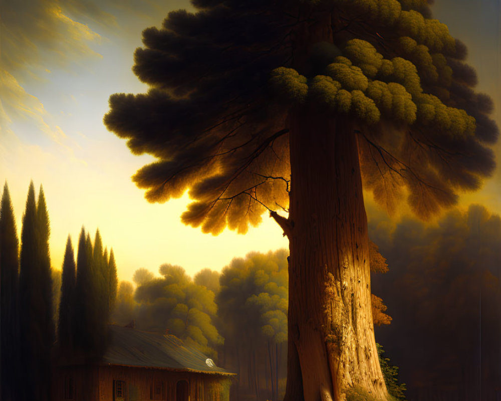 Majestic tree with voluminous canopy near cozy cottage at dusk