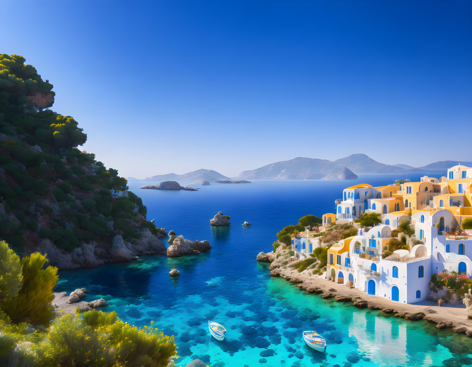 Scenic coastal village: blue and white buildings, clear waters, boats, rocky outcrops