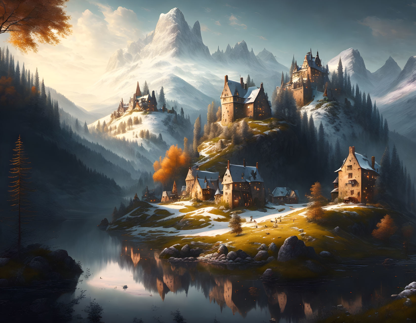 Majestic snow-capped mountains, serene lake, illuminated castles in fantasy landscape