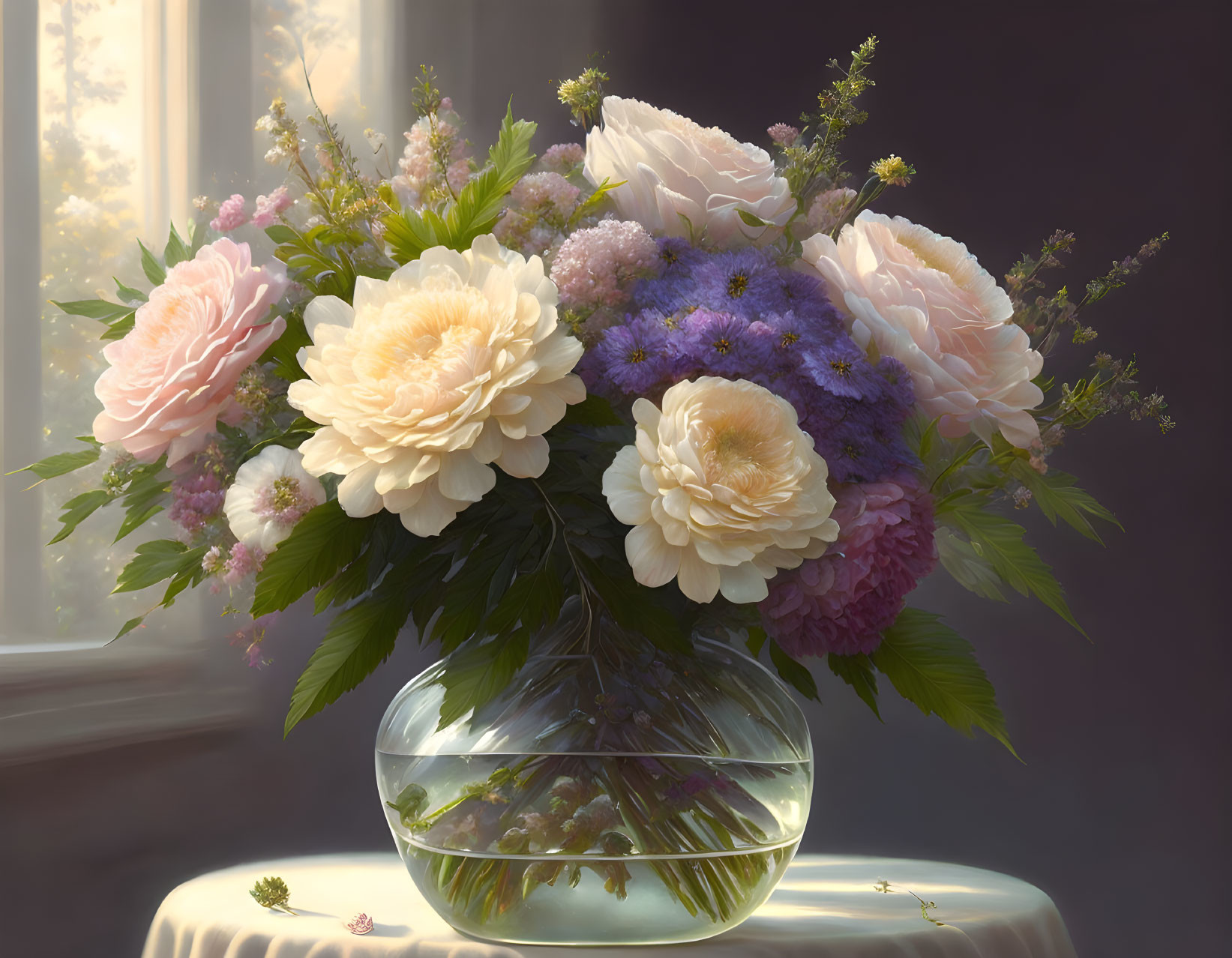 Colorful Roses and Peonies in Glass Vase on Table