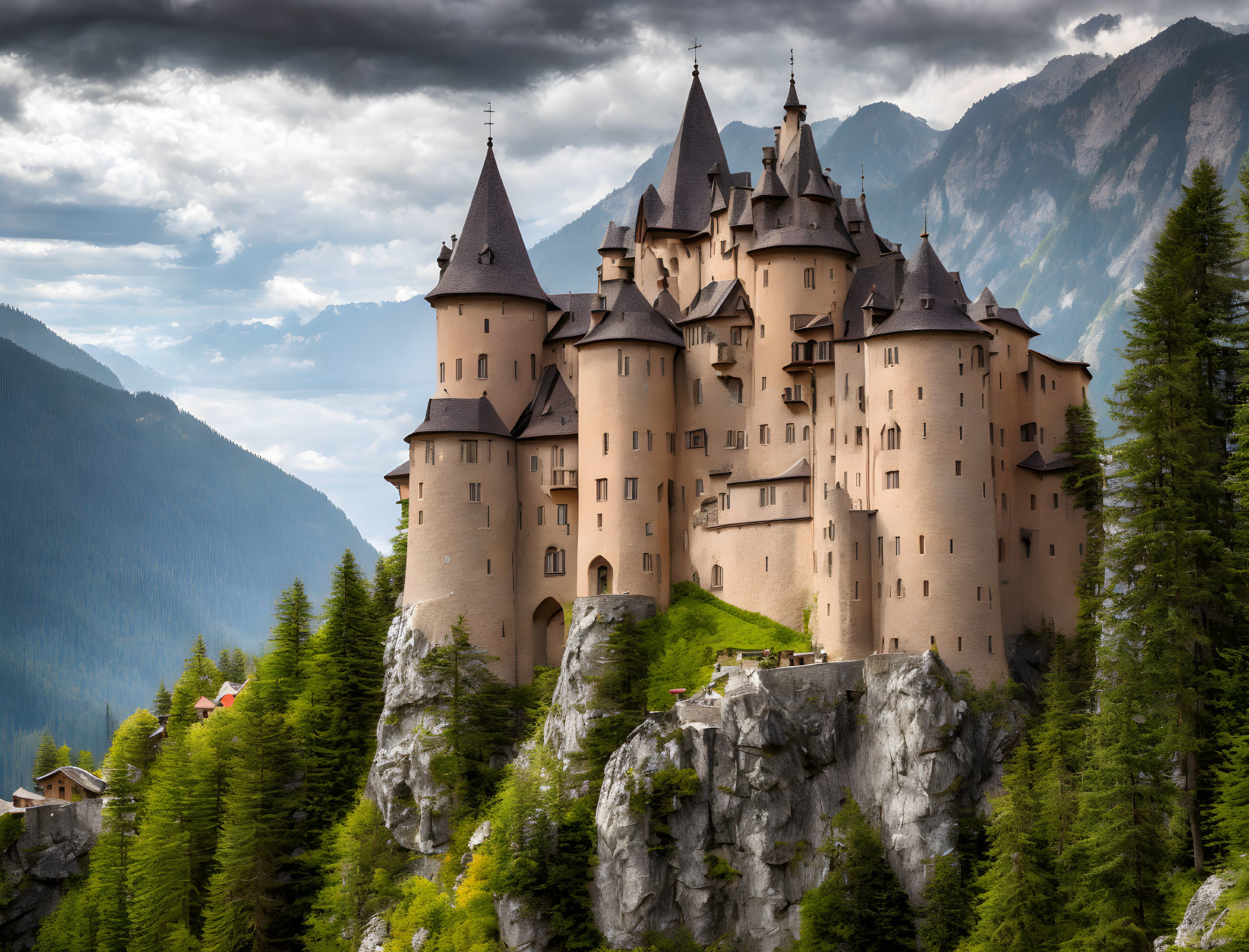 Majestic castle with spires on rugged cliff under cloudy sky