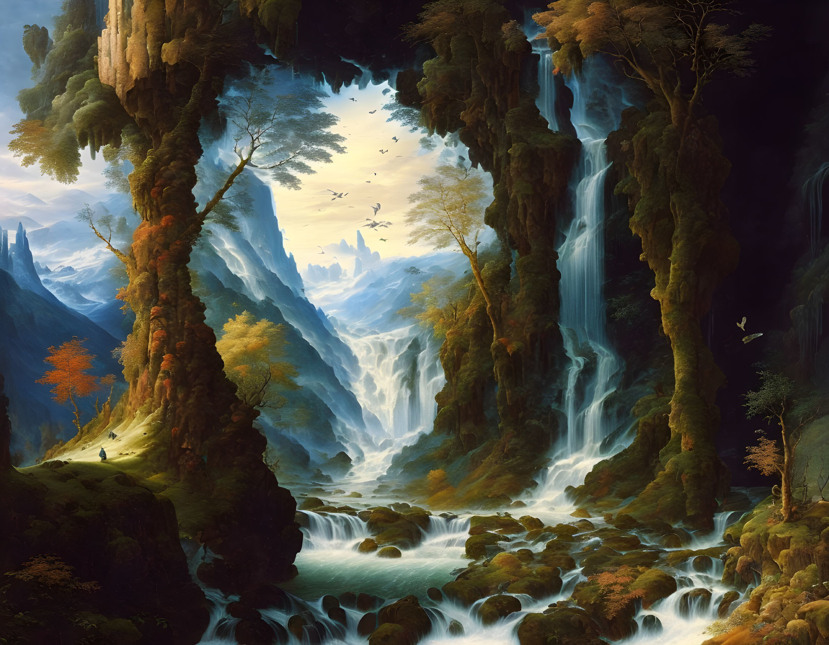 Scenic landscape painting of lush ravine with waterfalls and river