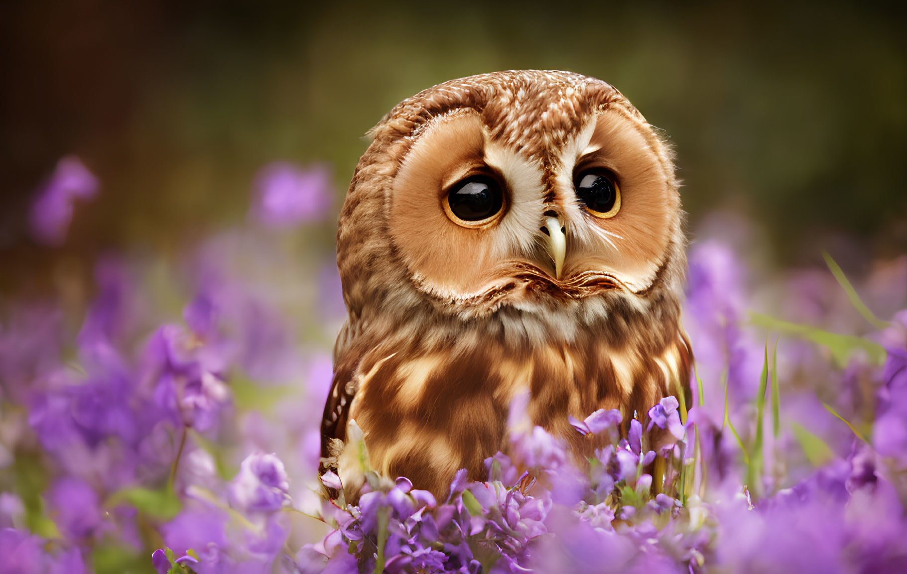 Brown owl with captivating eyes in vibrant purple flowers