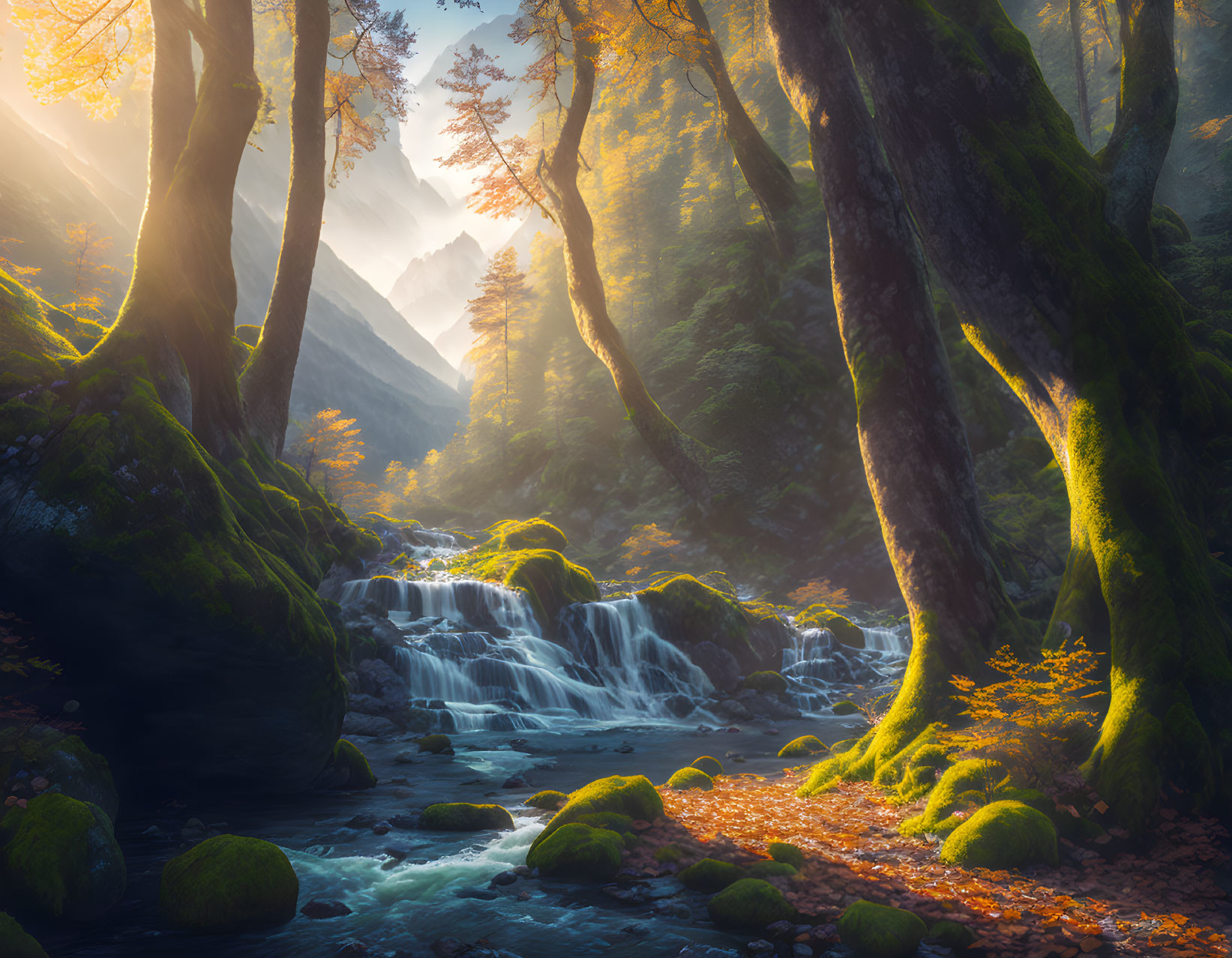 Autumn forest with serene waterfall and moss-covered rocks