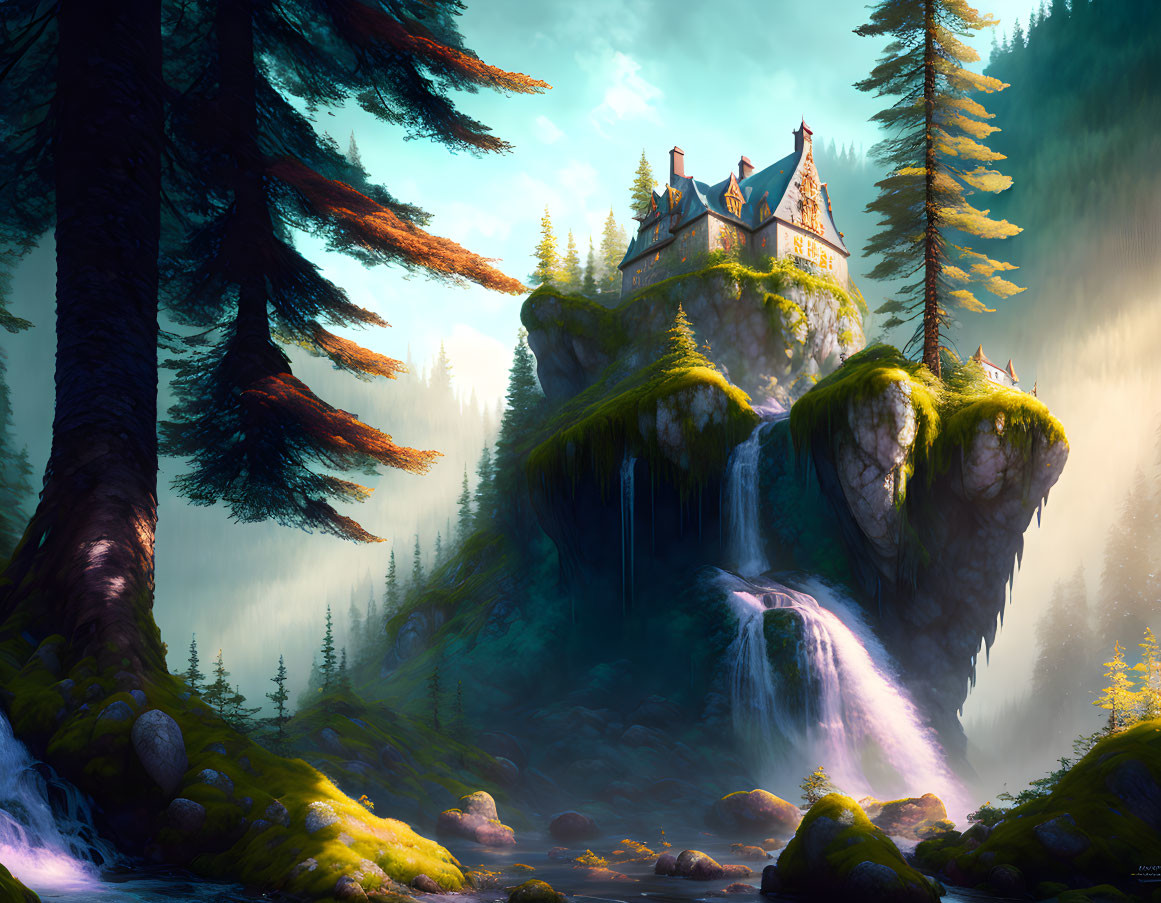 Fantastical castle on lush cliff with waterfall, pine trees, and mystical forest ambiance