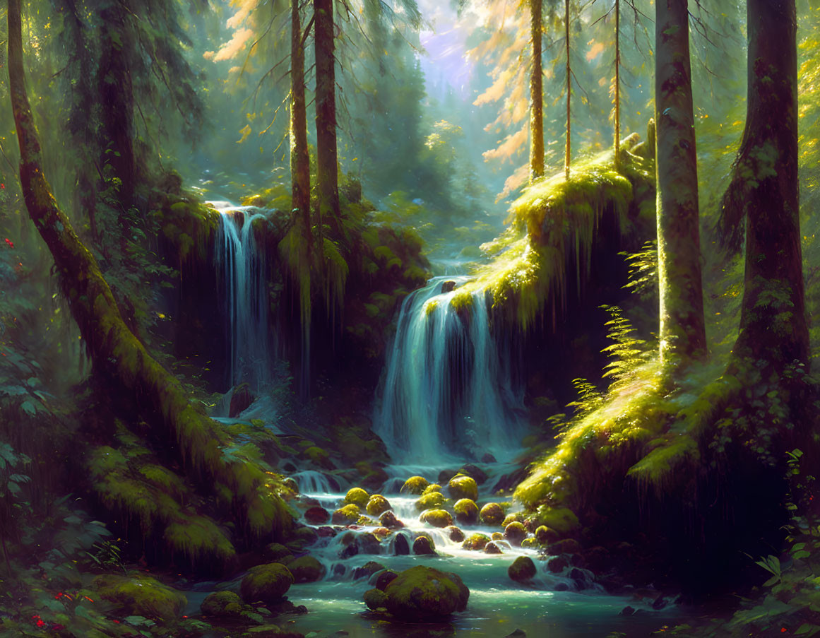 Enchanting Forest Scene with Sun Rays, Waterfalls, and Moss-Covered Stream