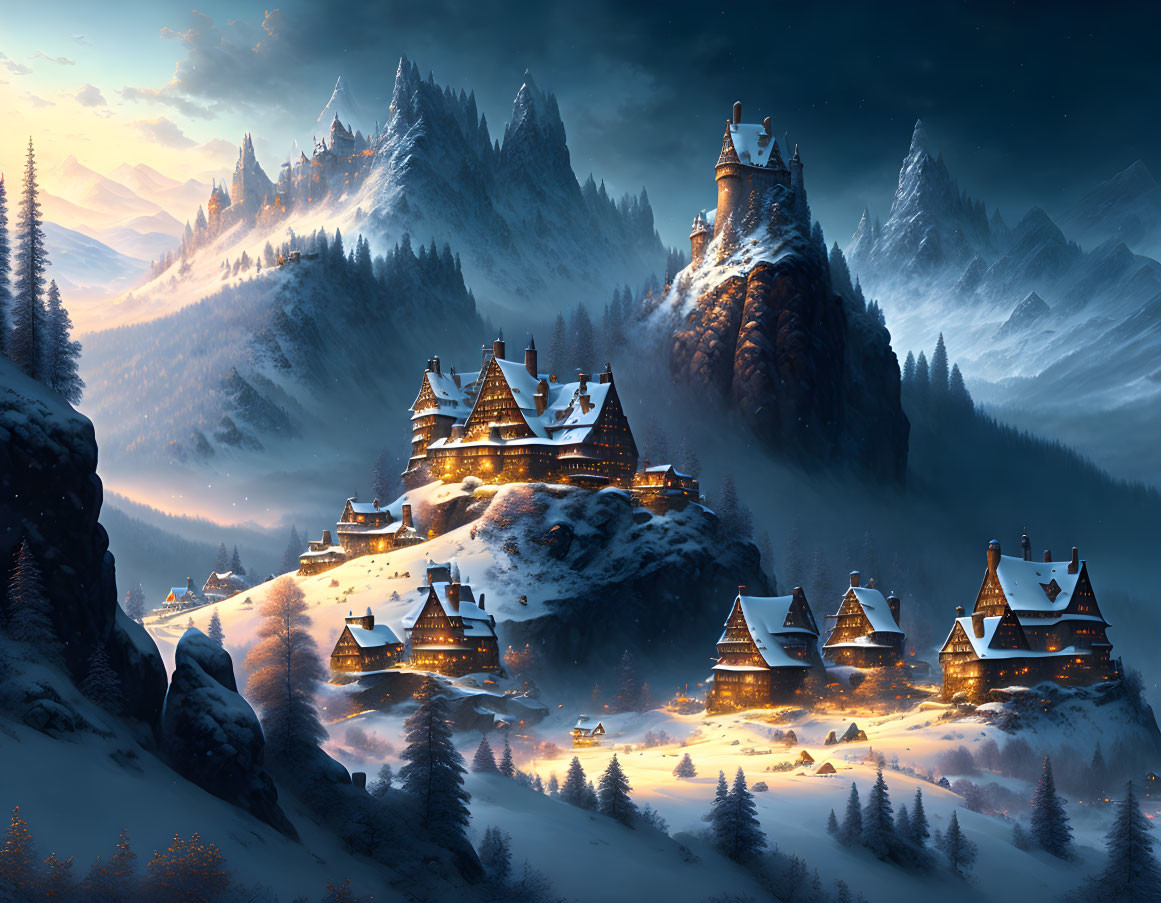 Snow-covered village and castles in scenic winter landscape at dusk