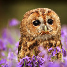 Brown owl with captivating eyes in vibrant purple flowers