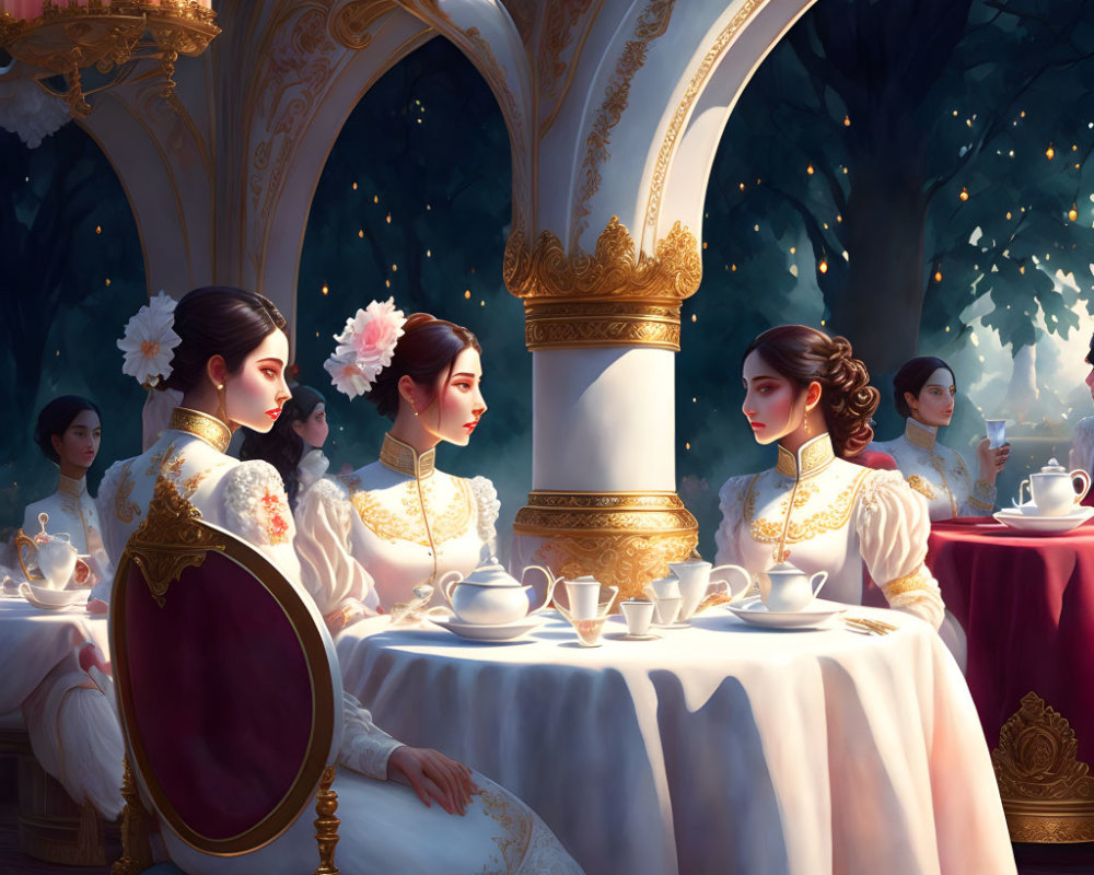 Three women in white and gold dresses enjoying tea in a luxurious hall with grand arches and ornate