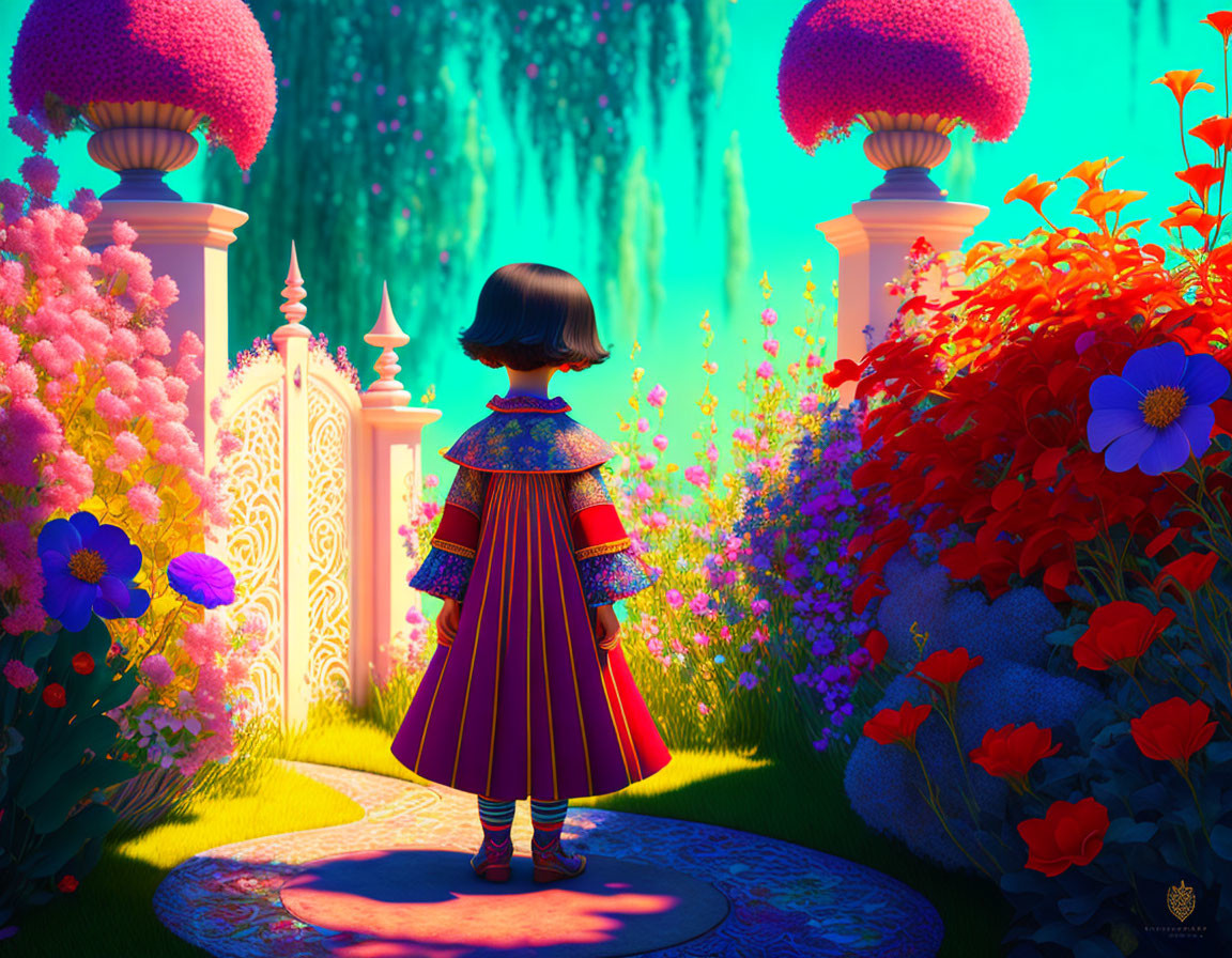 Young girl in colorful dress in vibrant, fantastical garden