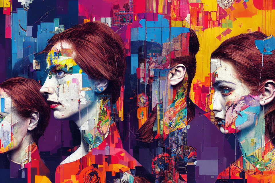 Vibrant collage artwork featuring two women profiles and abstract cityscape in blue, red, and yellow