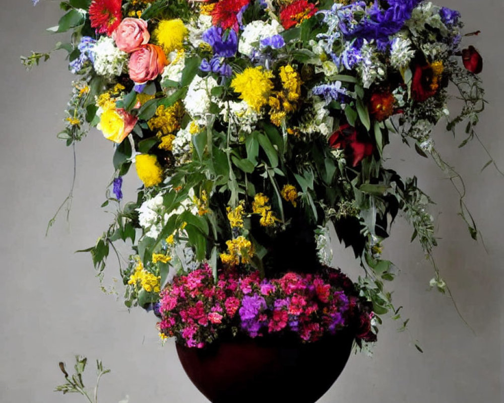 Colorful Floral Arrangement in Dark Vase on Grey Background