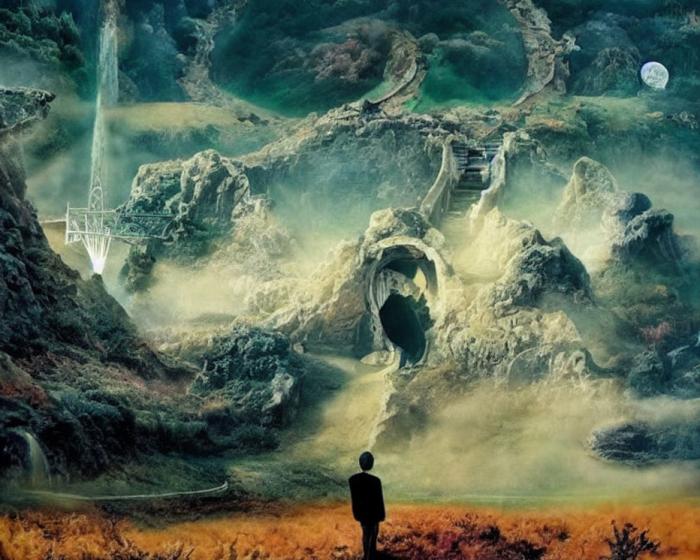 Person in ethereal landscape with waterfall, cave, and balloon under hazy sky