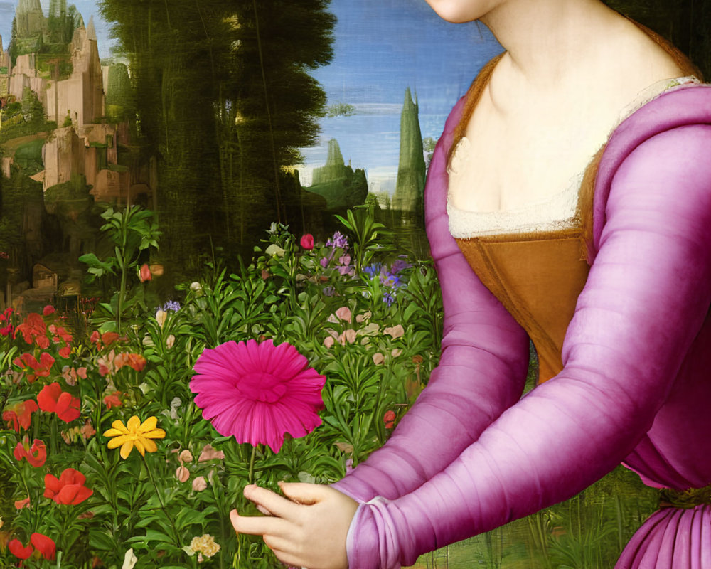 Renaissance painting of woman in purple dress in garden with castle