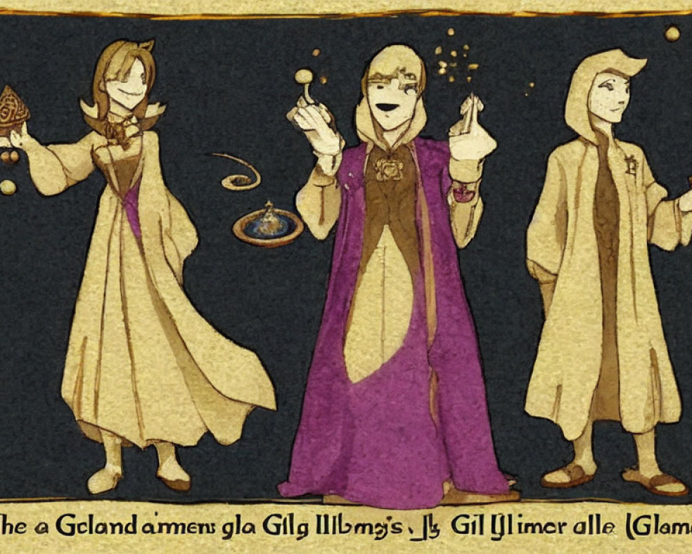 Three stylized medieval-inspired animated characters in robes with magical artifacts on textured background.