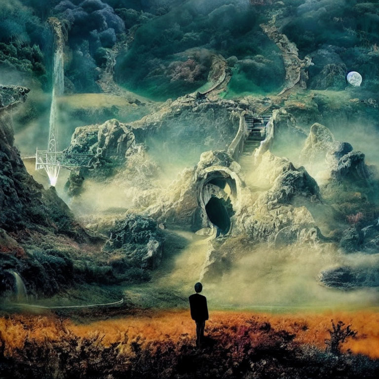 Person in ethereal landscape with waterfall, cave, and balloon under hazy sky