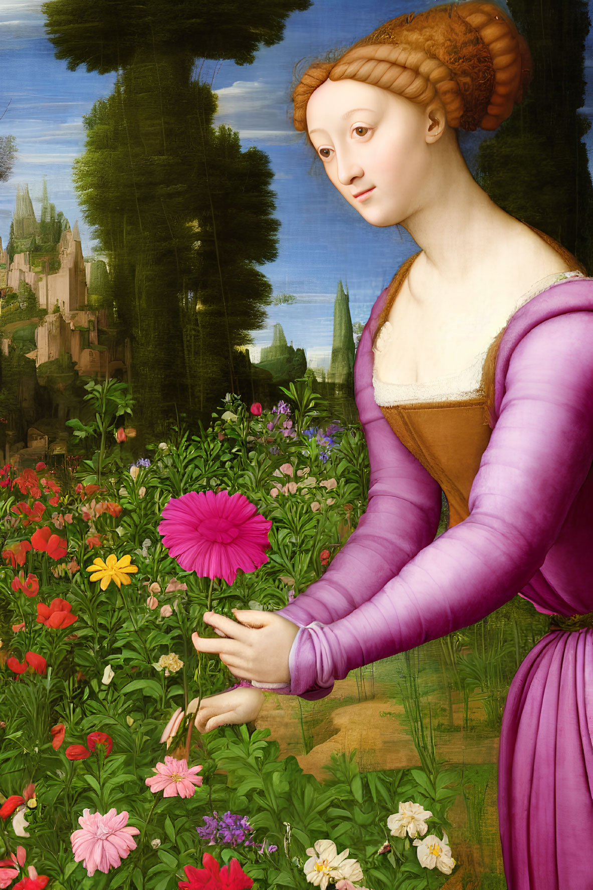 Renaissance painting of woman in purple dress in garden with castle