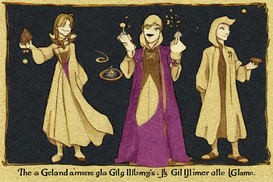 Three stylized medieval-inspired animated characters in robes with magical artifacts on textured background.