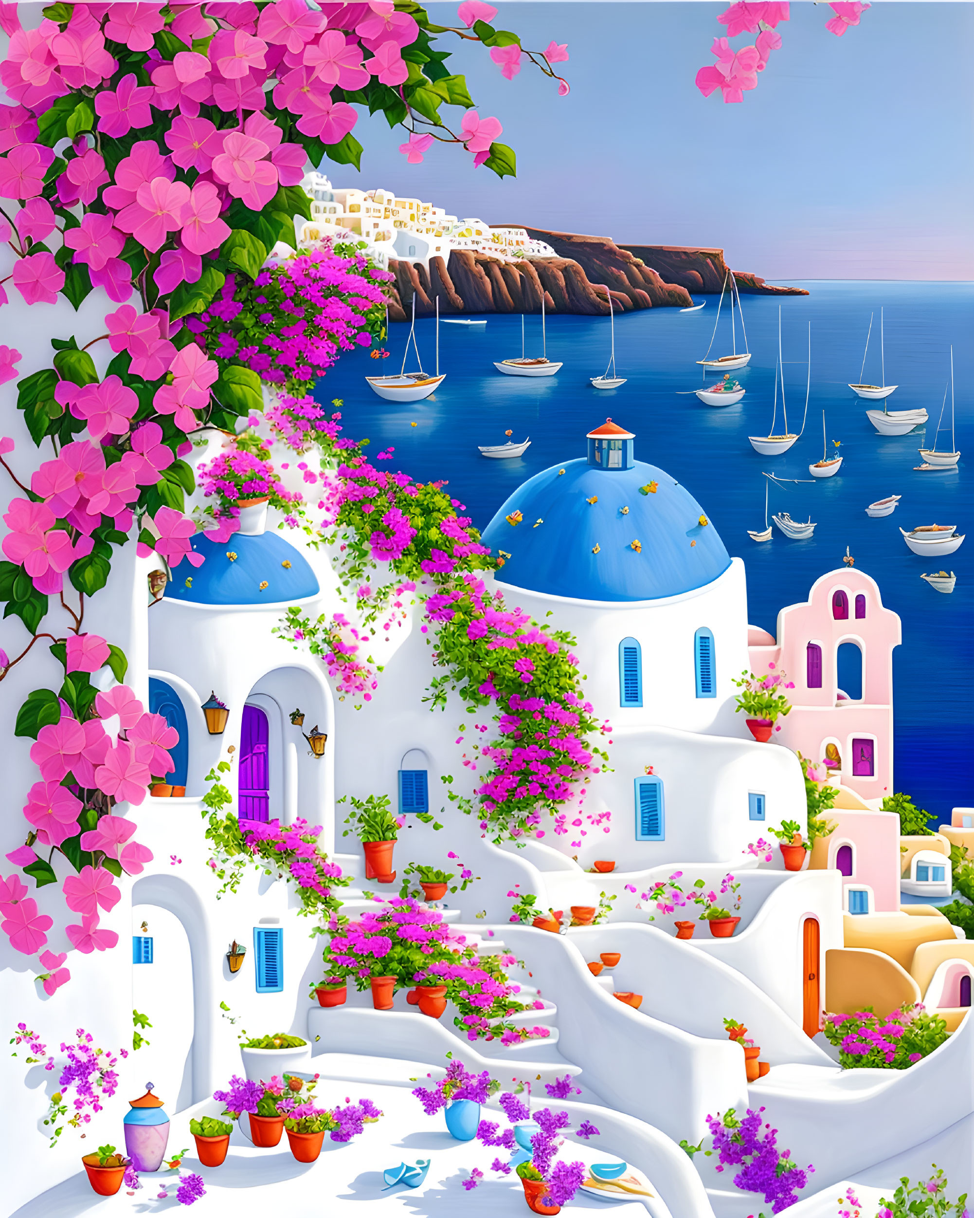 Colorful Greek Island Scene with Blue-Domed Buildings and Sailboats