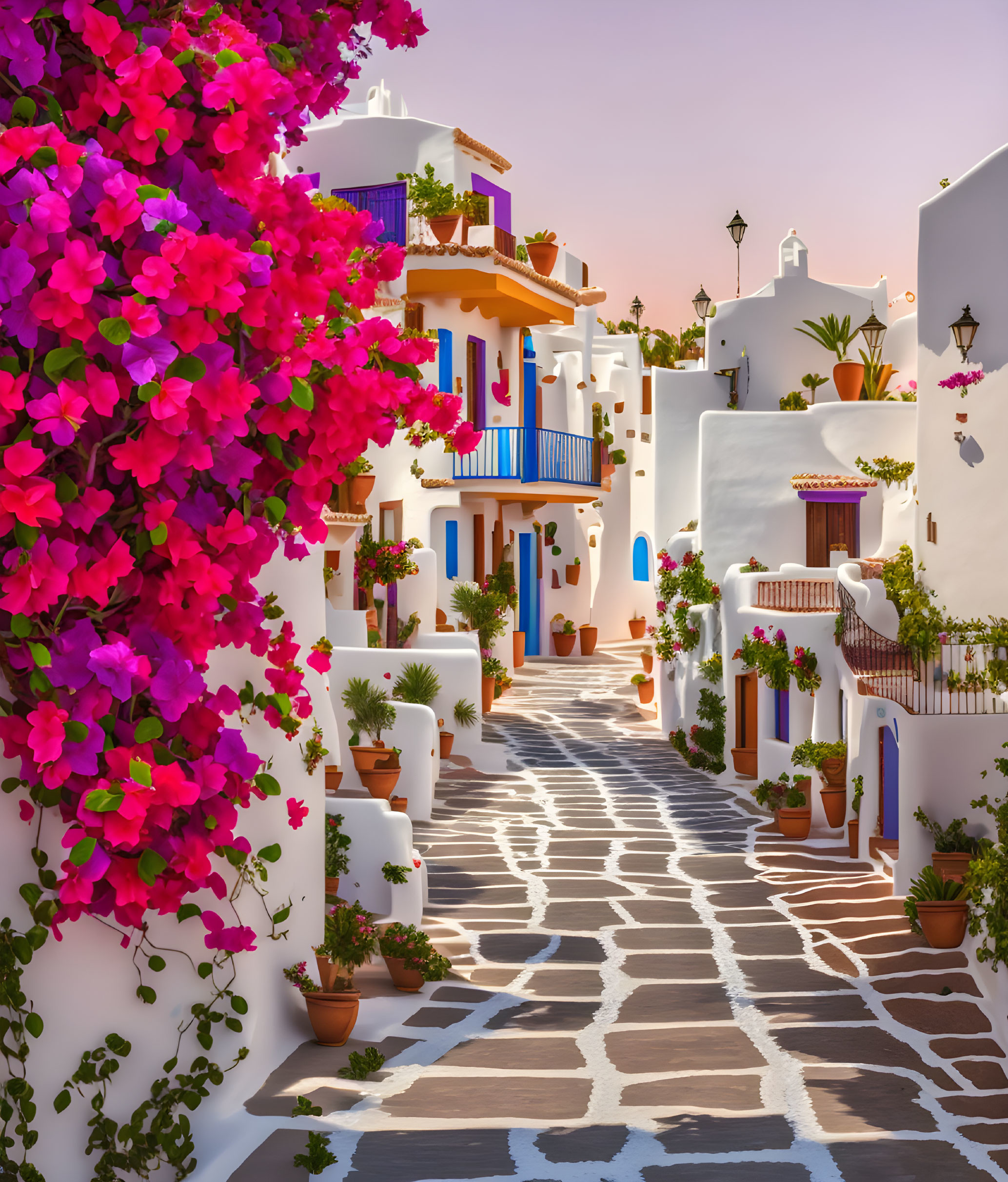 Charming alley with white walls, pink flowers, cobblestones, and blue balconies