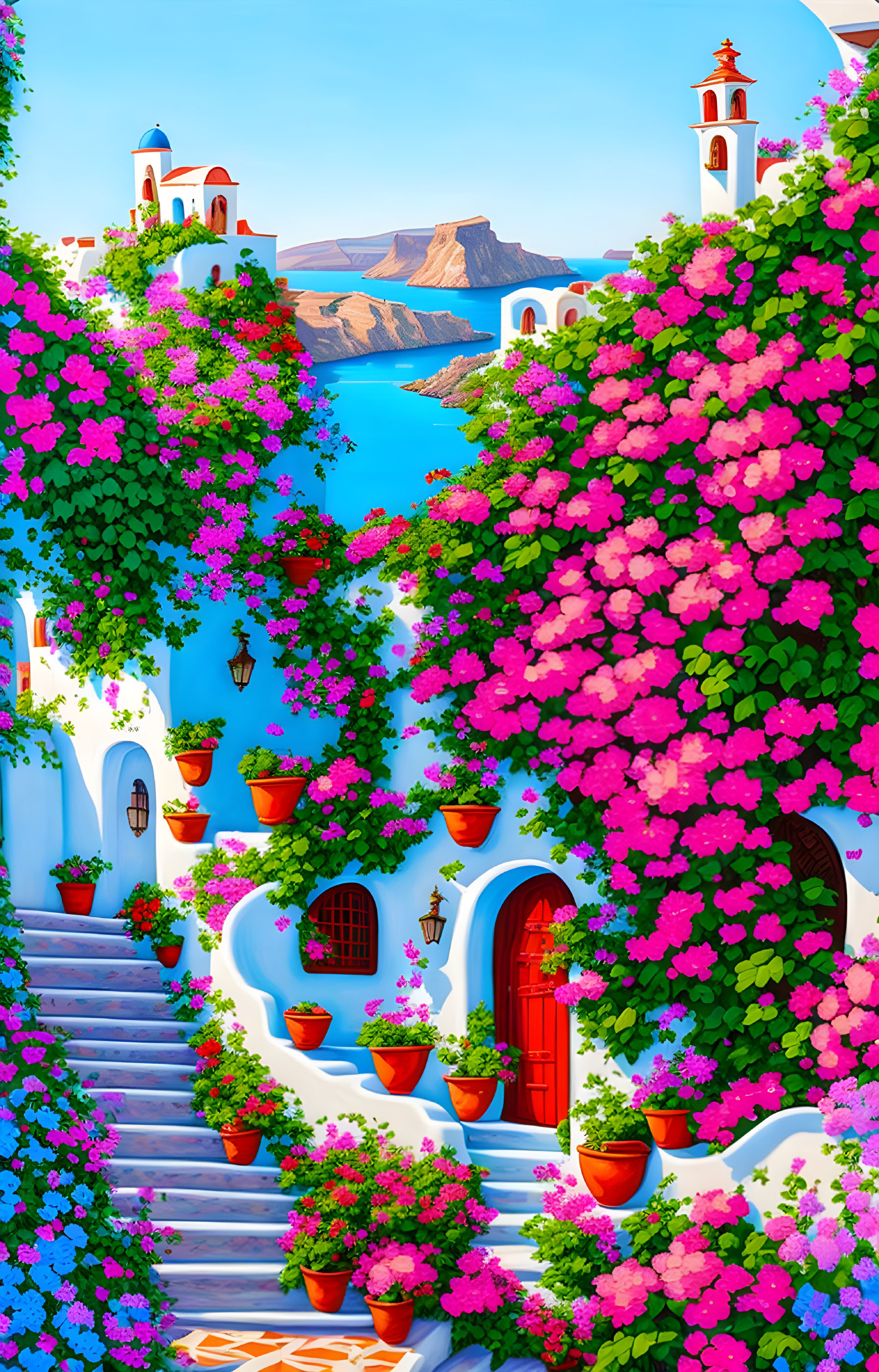 Coastal scene with white walls, pink bougainvillea, terracotta pots, blue