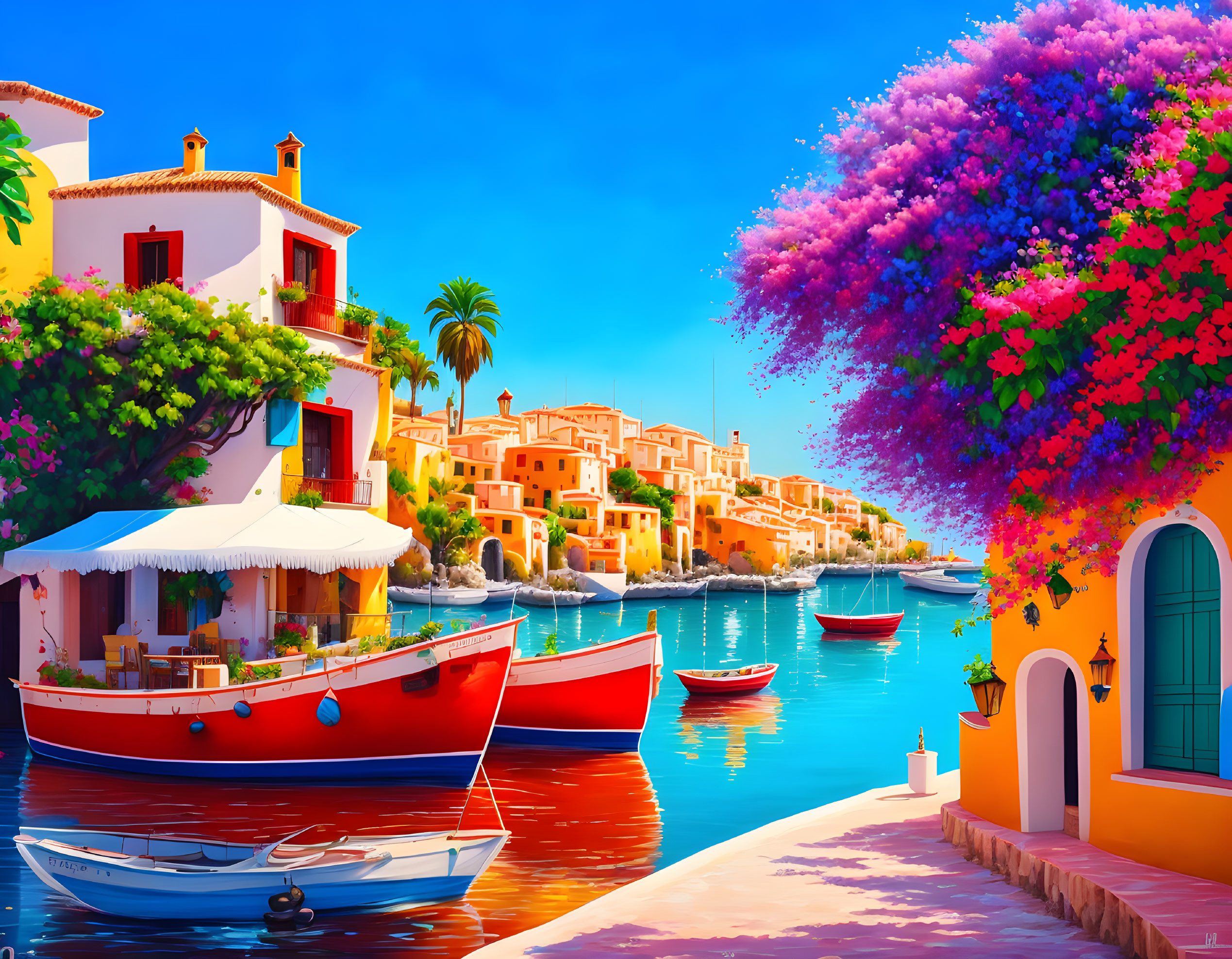 Colorful Coastal Scene: Houses, Boats, Blue Sky, Purple Trees