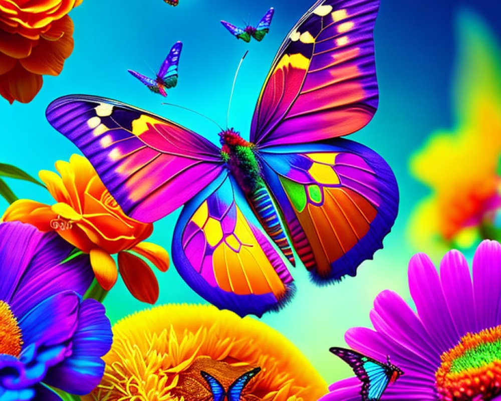 Colorful Butterfly Artwork with Flowers and Blue Background