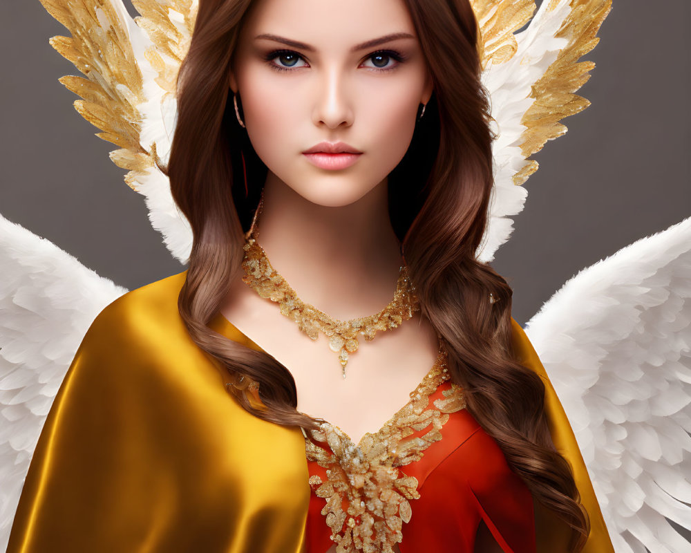 Digital artwork: Woman with angelic wings and ornate gold accessories on grey backdrop