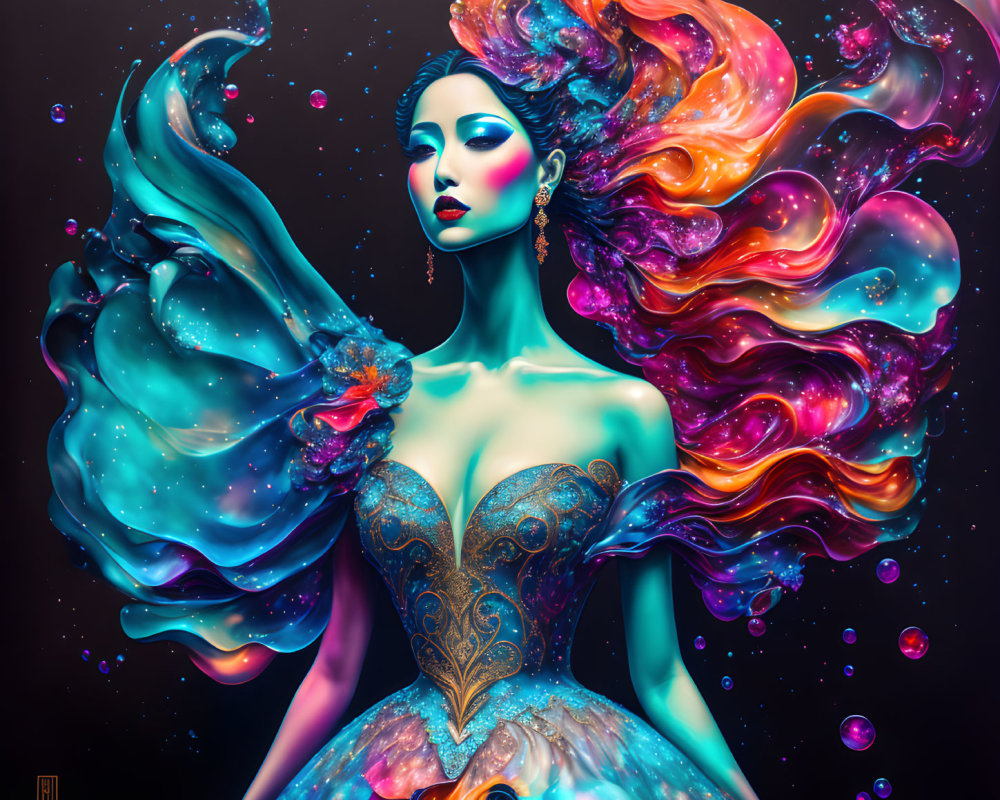 Colorful Illustration of Woman with Multicolored Hair and Cosmic Dress