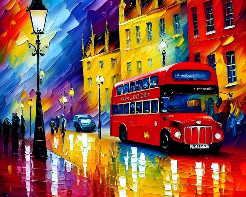 Vibrant painting of red double-decker bus on rainy city street at night