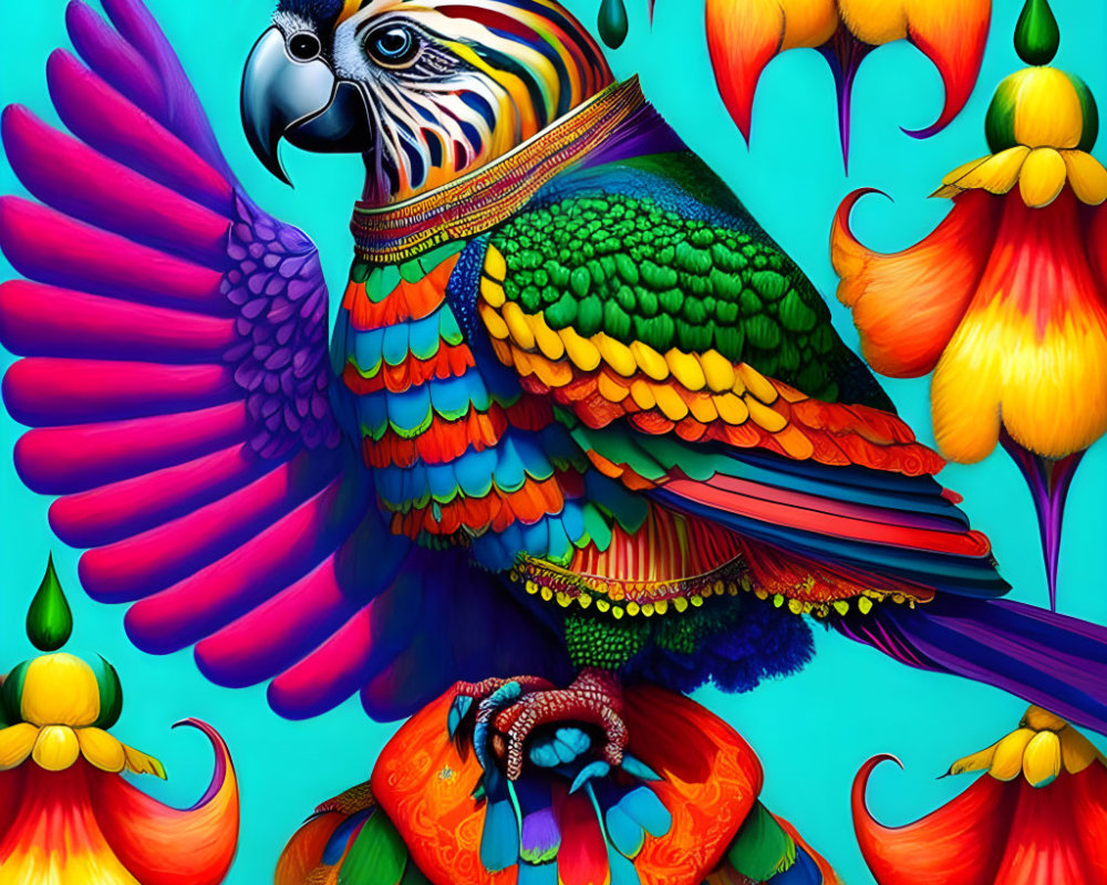 Colorful Macaw Parrot Illustration with Exotic Flowers on Turquoise Background