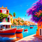 Colorful Coastal Scene: Houses, Boats, Blue Sky, Purple Trees