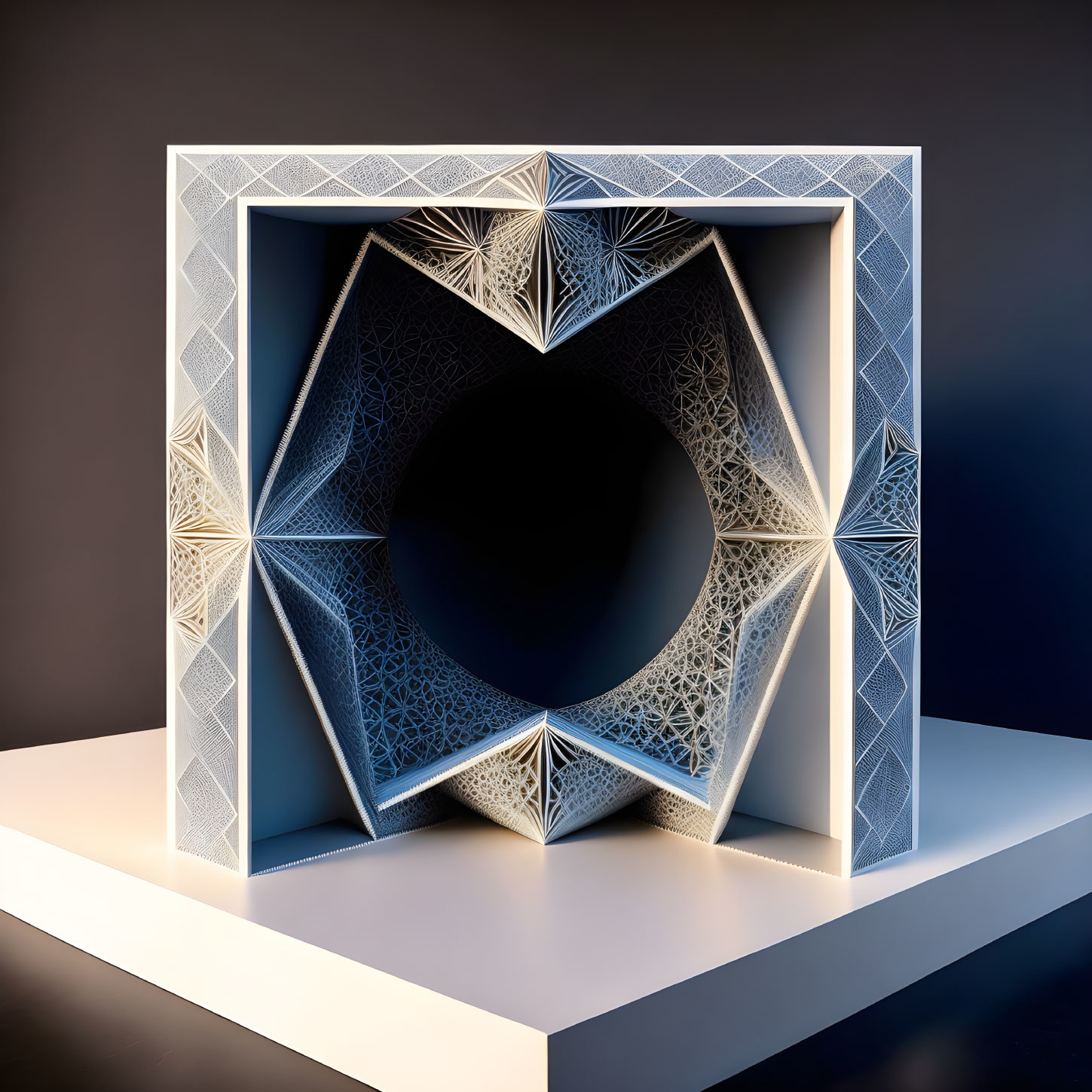 Intricate 3D paper art with geometric patterns and circular void on pedestal against dark background