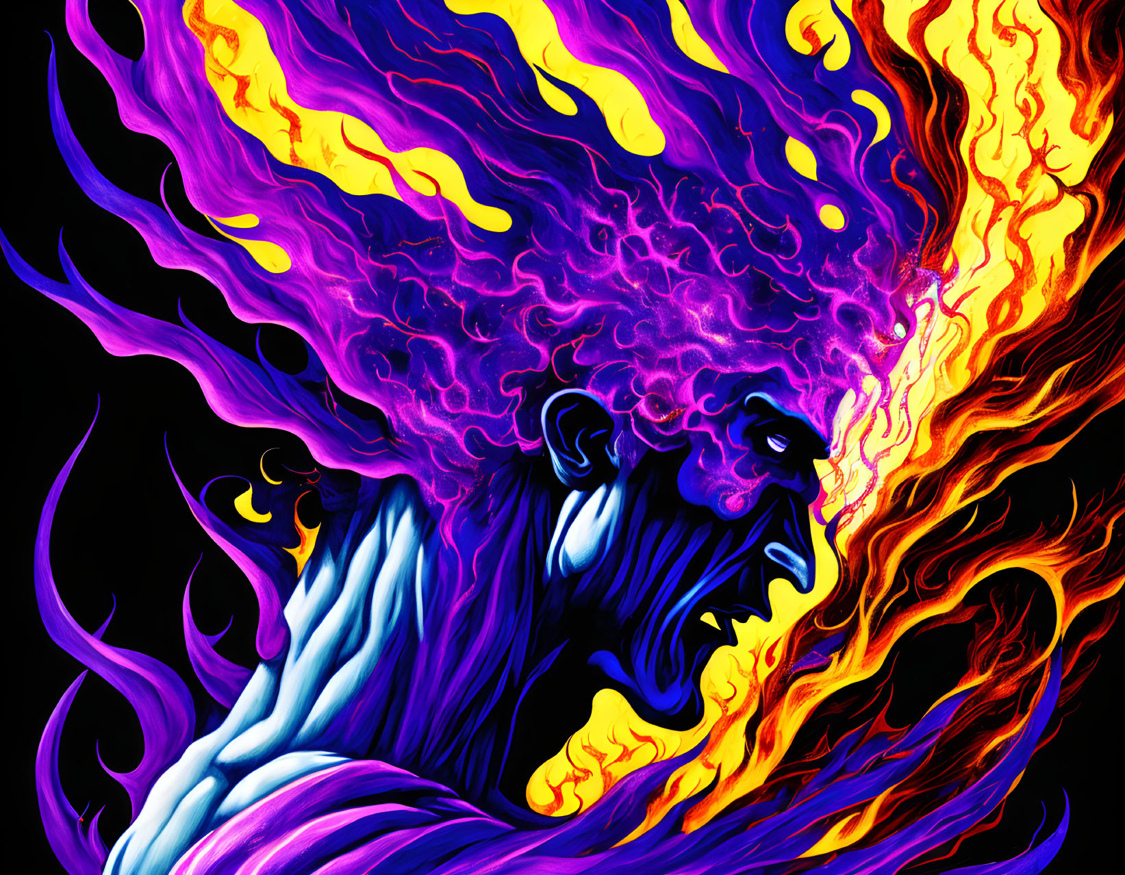 Colorful abstract artwork: figure with fire patterns on dark backdrop