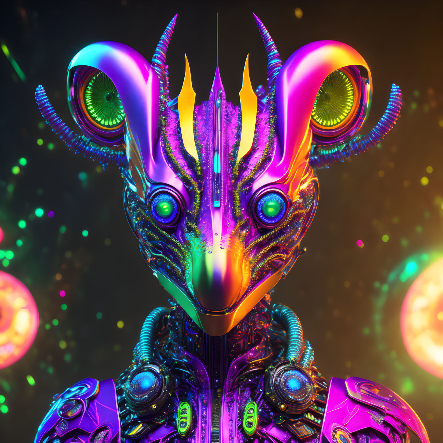 Colorful digital artwork featuring a creature with neon iridescent horns and futuristic armored body.