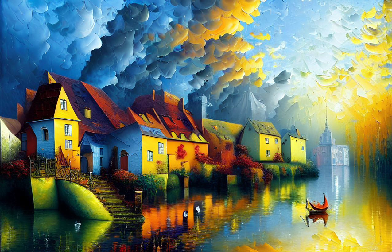 Colorful houses and serene river in surreal townscape under blue and yellow sky.