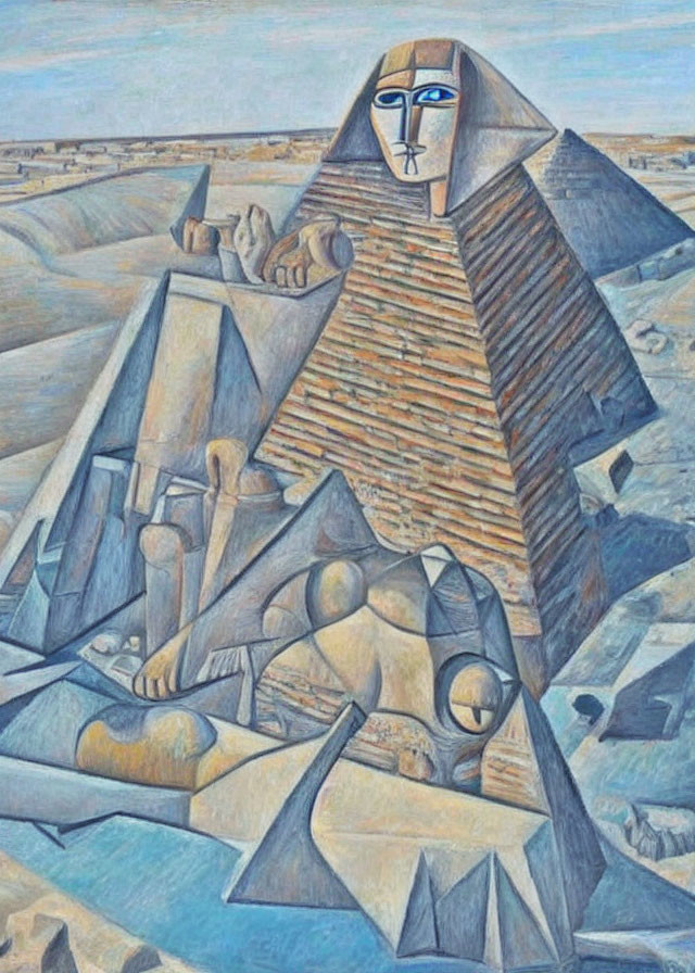 Cubist painting of Egyptian pyramids and Sphinx in muted tones