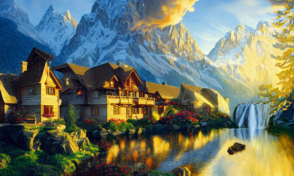 Scenic village with wooden houses by serene lake, waterfalls, mountains, and greenery