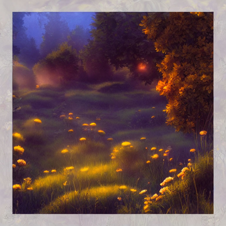 Tranquil digital artwork: Twilight meadow with golden light and yellow flowers