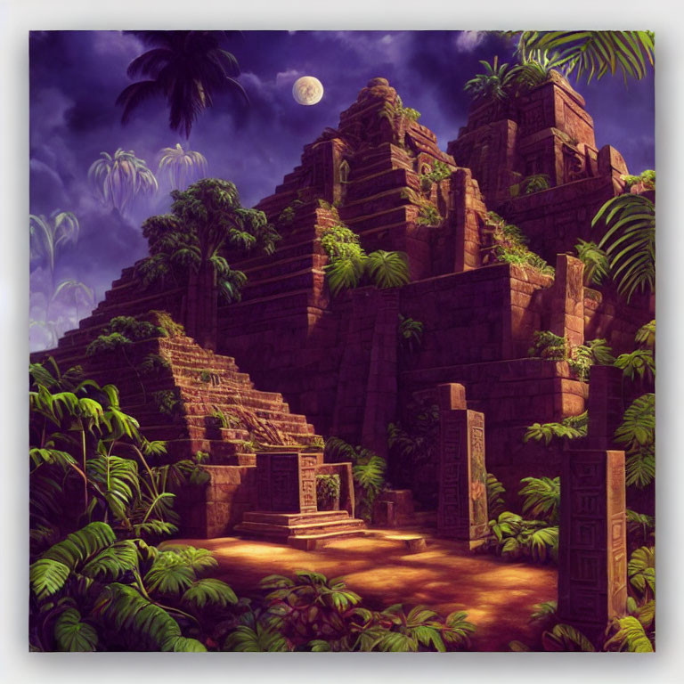 Ancient Mesoamerican Pyramid in Moonlit Jungle