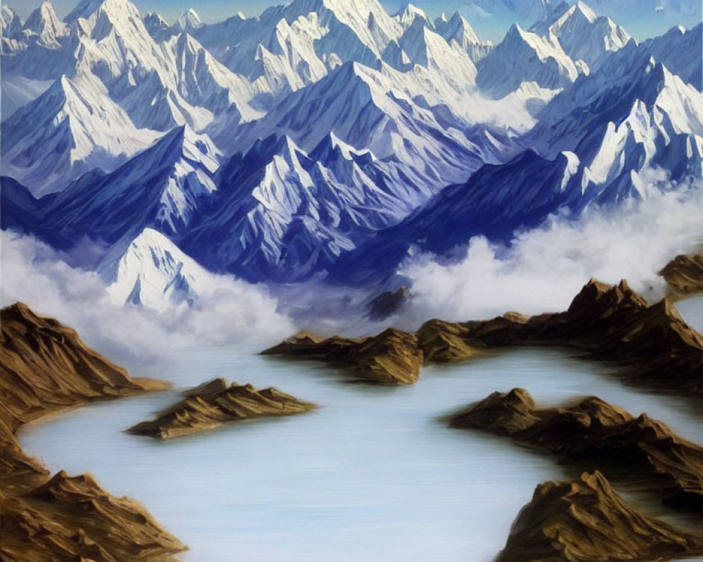 Snow-capped mountains and tranquil lake in serene landscape