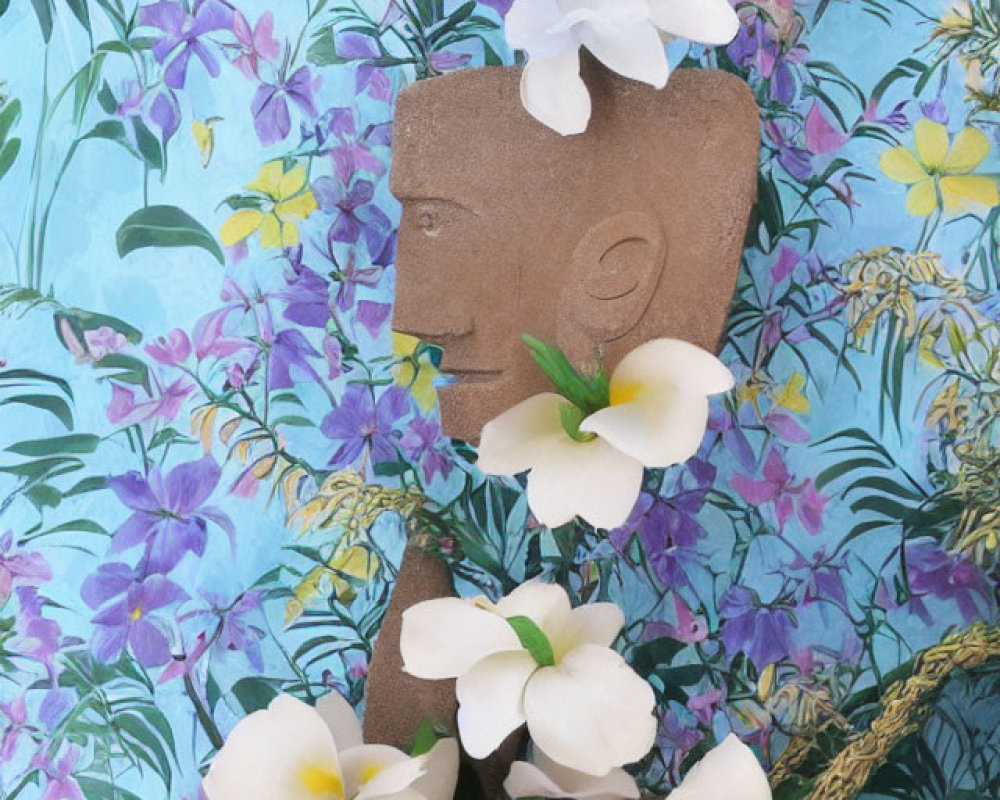 Stone face with white flowers on vibrant floral background