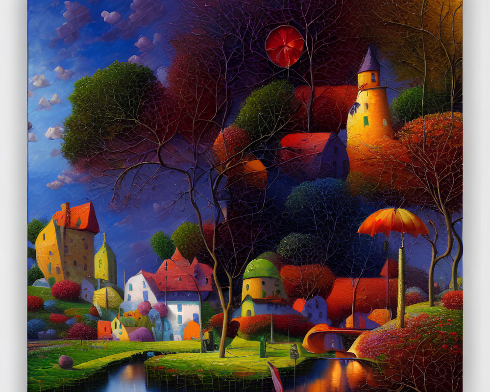 Colorful village painting with whimsical trees and floating hearts