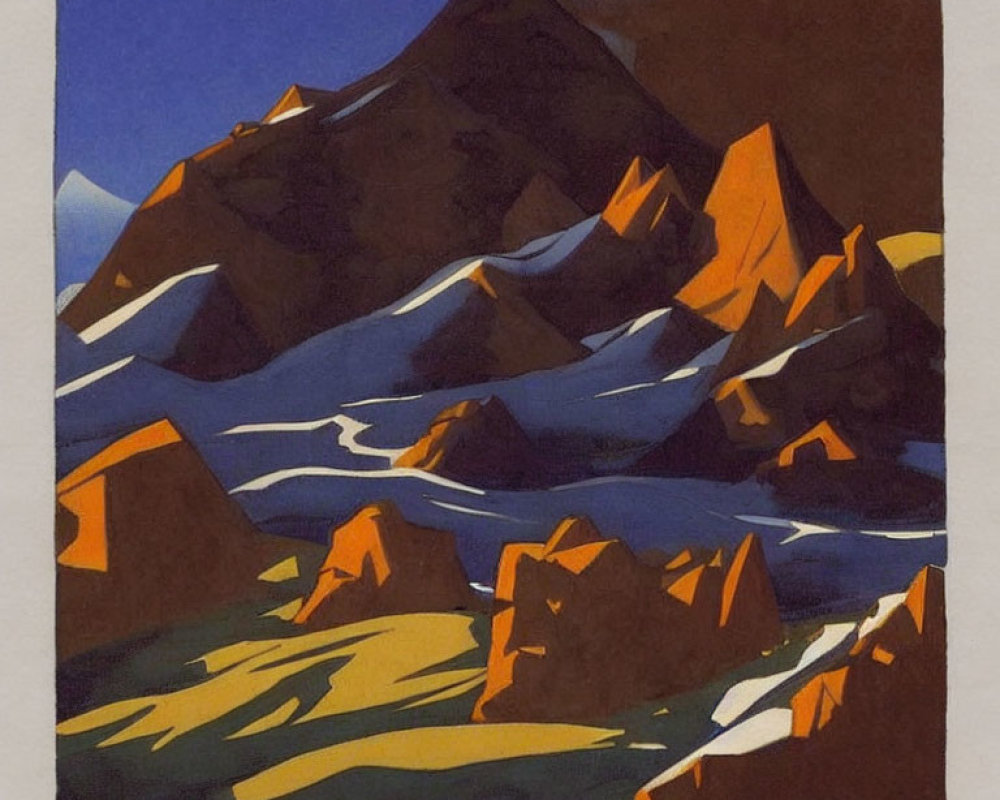 Mountainous Landscape Print with Sunset Shadows in Warm and Cool Tones