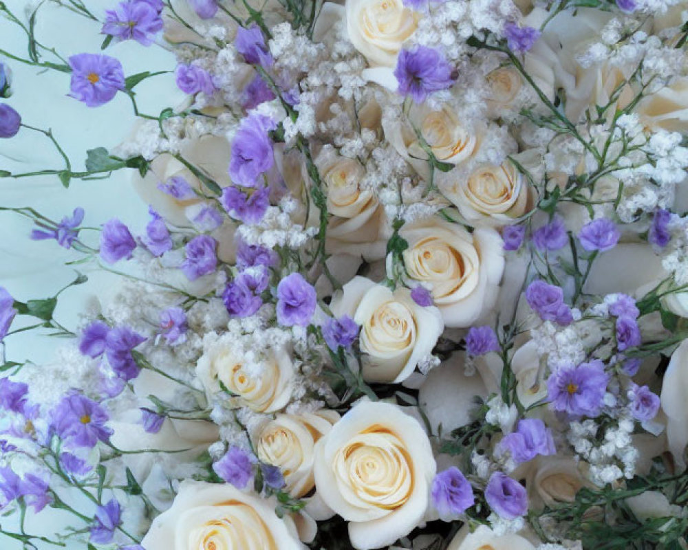 White Roses, Purple Flowers, and Baby's Breath Bouquet on Pale Background