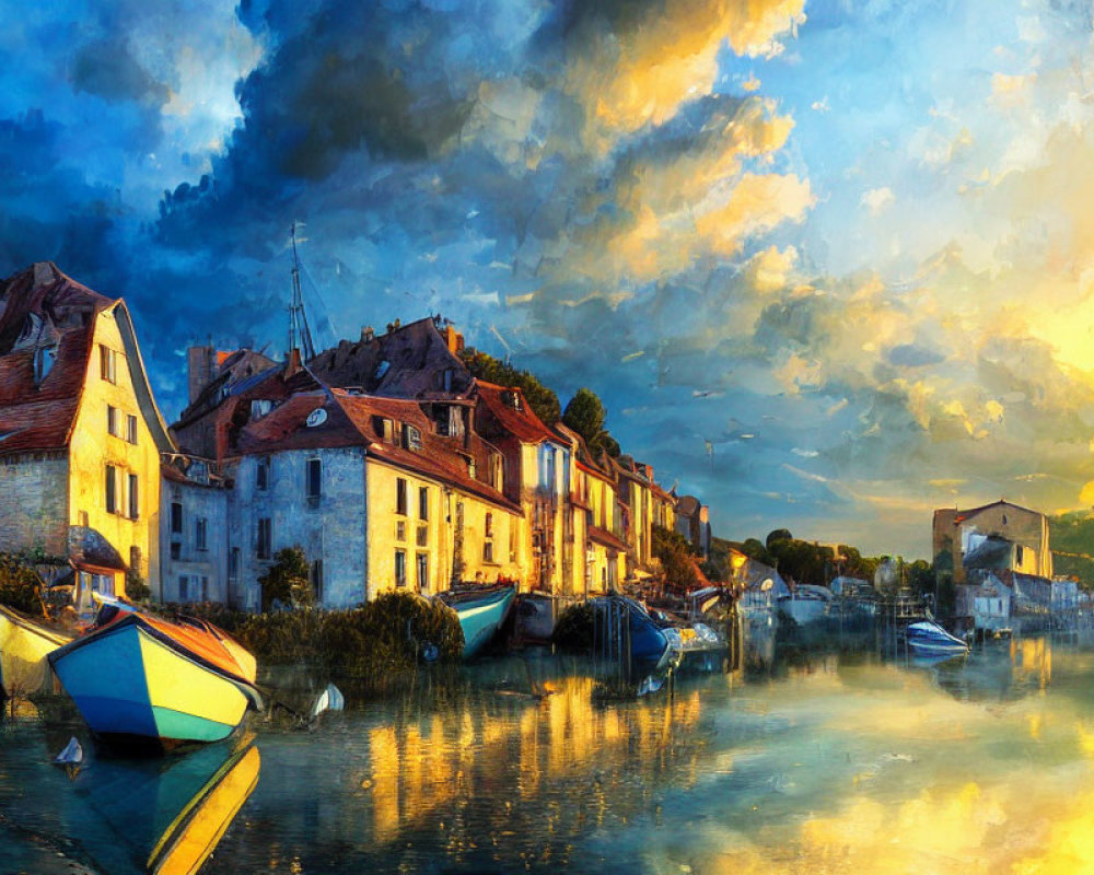 Scenic riverside view with moored boats, townhouses, and dramatic sunset sky