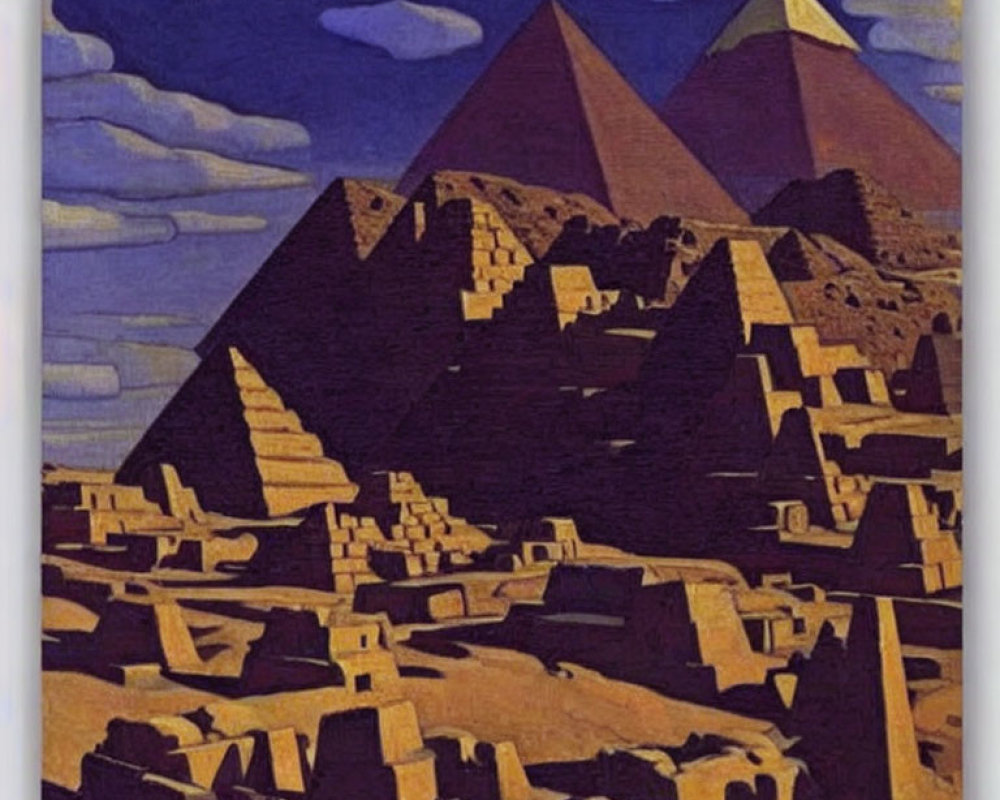 Geometric shadows on Great Pyramids under deep blue sky