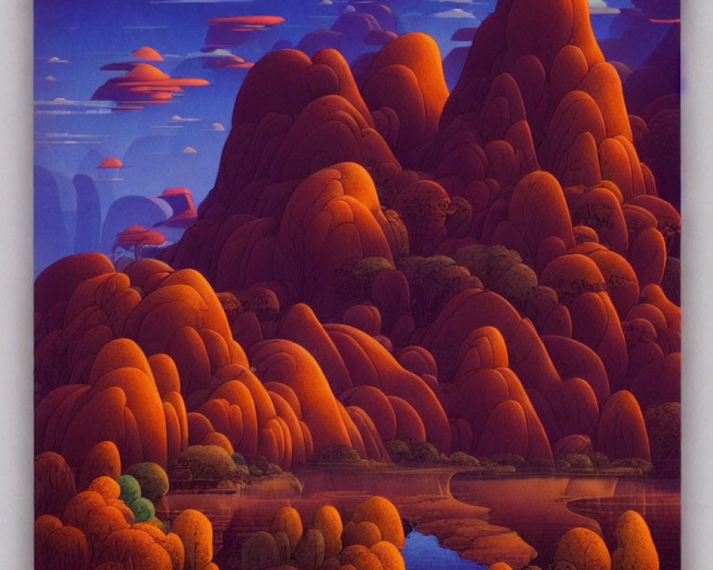 Stylized landscape with rounded hills, pink and orange sky, and blue river