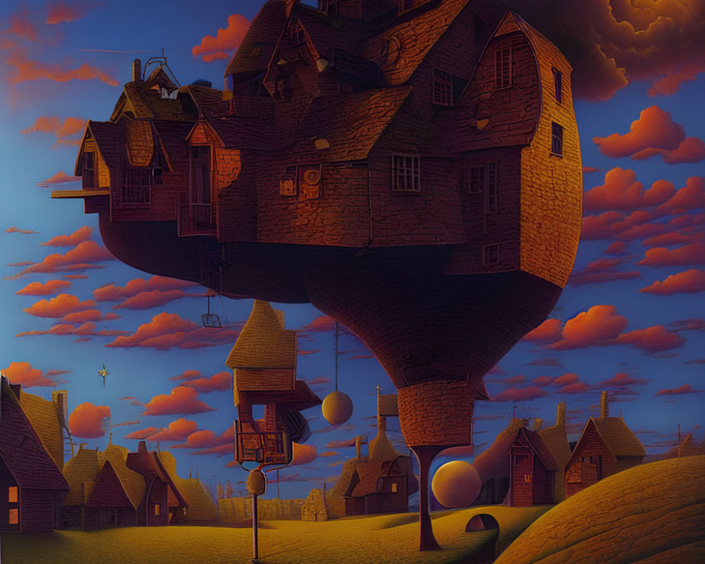 Whimsical artwork of cozy medieval houses on curved landform