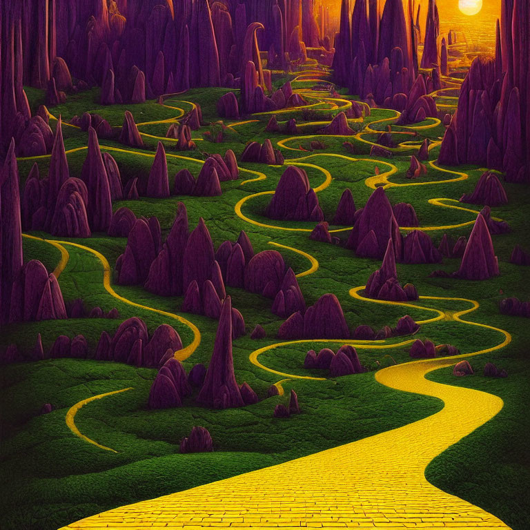 Yellow Brick Road Through Fantasy Landscape at Sunset